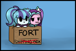 Size: 1280x861 | Tagged: safe, artist:jankrys00, character:adagio dazzle, character:aria blaze, character:sonata dusk, my little pony:equestria girls, :t, ariabetes, blep, blue background, box, box fort, c:, candy, candy cane, cardboard box, chibi, clothing, cute, flower, food, fort, gradient background, hoodie, leaning, lidded eyes, looking at you, pigtails, ponytail, puffy cheeks, silly, simple background, smiling, sonatabetes, sweets, tongue out, unamused