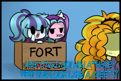Size: 1280x861 | Tagged: safe, artist:jankrys00, character:adagio dazzle, character:aria blaze, character:sonata dusk, my little pony:equestria girls, :o, :t, ariabetes, blep, blue background, box, box fort, candy, cardboard box, censored vulgarity, chibi, clothing, cute, dialogue, flower, food, fort, frown, gradient background, hidden eyes, hoodie, leaning, lidded eyes, looking at you, open mouth, pigtails, ponytail, puffy cheeks, silly, simple background, sonatabetes, subtitles, sweets, text, tongue out, unamused, vulgar