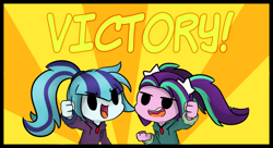 Size: 1280x698 | Tagged: safe, artist:jankrys00, character:aria blaze, character:sonata dusk, my little pony:equestria girls, ariabetes, chibi, choker, clothing, cute, fist pump, glare, hair ornament, happy, hoodie, pigtails, ponytail, reaction image, smiling, smirk, sonatabetes, sunburst background, text, victory