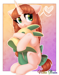 Size: 2040x2586 | Tagged: safe, artist:nika-rain, oc, oc only, species:pony, species:unicorn, bow, cute, female, floppy ears, green eyes, heart, hug, looking away, mare, simple background, sitting, solo, tail bow