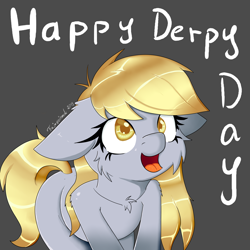 Size: 3000x3000 | Tagged: safe, artist:fajnyziomal, character:derpy hooves, species:pegasus, species:pony, cheek fluff, colored pupils, cute, derpabetes, derpy day, derpy day 2019, female, floppy ears, gray background, looking up, mare, open mouth, signature, simple background, smiley face, solo
