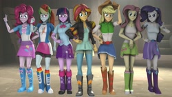 Size: 3617x2035 | Tagged: safe, artist:fazbearsparkle, character:applejack, character:fluttershy, character:pinkie pie, character:rainbow dash, character:rarity, character:sunset shimmer, character:twilight sparkle, my little pony:equestria girls, 3d, belt, boots, clothing, compression shorts, cowboy hat, denim skirt, freckles, hat, humane five, leg warmers, legs, looking at you, miniskirt, pleated skirt, shoes, shorts, skirt, socks, source filmmaker, stetson, version 3
