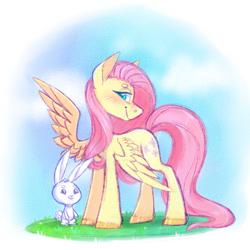 Size: 1024x1024 | Tagged: safe, artist:pinipy, character:angel bunny, character:fluttershy, species:pegasus, species:pony, species:rabbit, blushing, colored pupils, cute, female, gradient background, grass, lidded eyes, looking at you, mare, shading, shyabetes, simple, sketchy, smiling, spread wings, wings