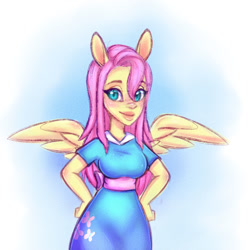 Size: 1024x1024 | Tagged: safe, artist:pinipy, character:fluttershy, my little pony:equestria girls, blue, clothing, cute, dress, female, fluttershy in a dress, ponied up