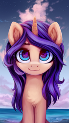 Size: 1080x1920 | Tagged: safe, artist:inowiseei, oc, oc only, oc:melody verve, species:pony, species:unicorn, beach, chest fluff, commission, cute, female, looking at you, mare, ocean, smiling, solo