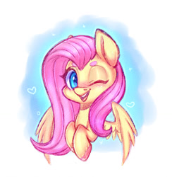 Size: 1024x1051 | Tagged: safe, artist:pinipy, character:fluttershy, species:pegasus, species:pony, blushing, cute, eyebrows, female, heart, hoof fluff, mare, one eye closed, shyabetes, simple background, solo, spread wings, unshorn fetlocks, white background, wings, wink