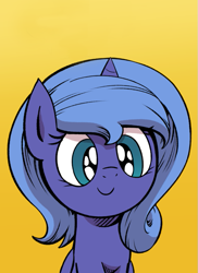 Size: 523x717 | Tagged: safe, artist:lovelyneckbeard, character:princess luna, species:pony, comic:dream away, comic, cropped, cute, dawwww, female, filly, happy, i can't believe it's not idw, lunabetes, simple background, smiling, solo, woona, yellow background, younger
