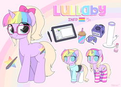 Size: 2983x2153 | Tagged: safe, artist:moozua, oc, oc only, oc:lullaby tiara, species:pony, species:unicorn, alternate costumes, bong, bow, cintiq, clothing, drink, female, freckles, gamecube, glasses, hair bow, implied drug use, looking at you, mare, pansexual, rainbow hair, reference sheet, smiling, socks, striped socks, sweater, tablet
