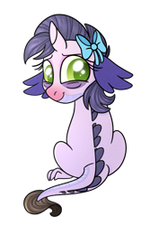 Size: 1000x1500 | Tagged: safe, artist:carouselunique, oc, oc only, oc:miracle, parent:rarity, parent:spike, parents:sparity, species:dracony, miracleverse, bow, female, filly, hair bow, hybrid, interspecies offspring, looking back, offspring, red nosed, simple background, solo, transparent background