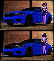 Size: 4208x4734 | Tagged: safe, artist:aryatheeditor, character:twilight sparkle, character:twilight sparkle (scitwi), species:eqg human, g4, my little pony: equestria girls, my little pony:equestria girls, 3d, before and after, bmw, bmw 5-series, bmw f90, bmw m5, bow tie, brick wall, car, clothing, female, garage, geode of telekinesis, glasses, magical geodes, modified, ponytail, shoes, skirt, socks, solo, source filmmaker, wall, warehouse
