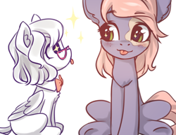 Size: 832x641 | Tagged: safe, artist:inowiseei, oc, oc only, oc:sofi, species:earth pony, species:pegasus, species:pony, blep, cute, duo, female, glasses, looking at each other, mare, ocbetes, silly, simple background, sitting, tongue out, underhoof, white background