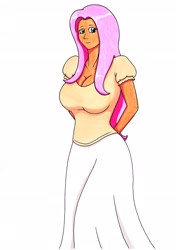 Size: 2458x3487 | Tagged: safe, artist:killerteddybear94, character:fluttershy, species:human, big breasts, breasts, busty fluttershy, clothing, hands behind back, humanized, long skirt, looking at you, pink hair, shirt, skirt, smiling, smiling at you, t-shirt, traditional art