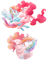Size: 830x1070 | Tagged: safe, artist:pinkablue, character:pinkie pie, character:rainbow dash, species:earth pony, species:pegasus, species:pony, ship:pinkiedash, blushing, dancing, female, kissing, lesbian, mare, shipping, signature, simple background, white background