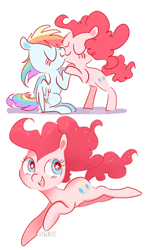 Size: 500x845 | Tagged: safe, artist:pinkablue, character:pinkie pie, character:rainbow dash, species:earth pony, species:pegasus, species:pony, ship:pinkiedash, bipedal, bipedal leaning, blushing, female, kissing, leaning, lesbian, mare, shipping, signature, simple background, starry eyes, white background, wingding eyes