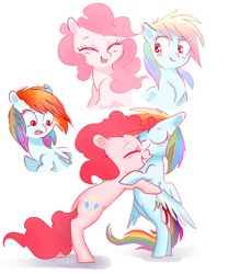 Size: 870x1048 | Tagged: safe, artist:pinkablue, character:pinkie pie, character:rainbow dash, species:earth pony, species:pegasus, species:pony, ship:pinkiedash, bipedal, bipedal leaning, blushing, eyes closed, female, hug, leaning, lesbian, mare, shipping, signature, simple background, white background