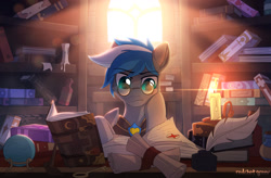 Size: 1024x672 | Tagged: safe, artist:redchetgreen, oc, oc only, oc:cloud zapper, species:pegasus, species:pony, armor, book, bookshelf, candle, complex background, digital art, glasses, male, reading, royal guard, solo, stallion