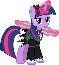 Size: 3100x3415 | Tagged: safe, artist:totallynotabronyfim, character:twilight sparkle, species:pony, clothing, crossover, dress, female, flower, magic, magical girl, magical girl outfit, magical girl spec ops asuka, necktie, simple background, solo, sword, telekinesis, transparent background, weapon