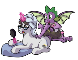 Size: 2010x1547 | Tagged: safe, artist:moonlightfan, character:raven inkwell, character:spike, species:dragon, species:pony, species:unicorn, ship:ravenspike, brush, female, glasses, interspecies, mare, mirror, shipping, simple background, straight, towel, transparent background, winged spike, wings