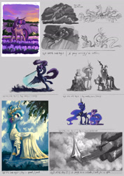 Size: 2663x3767 | Tagged: safe, artist:plainoasis, character:princess celestia, character:princess luna, character:queen chrysalis, character:twilight sparkle, character:twilight sparkle (alicorn), species:alicorn, species:changeling, species:pony, cake, clothing, dress, food, sword, weapon