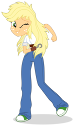 Size: 1351x2284 | Tagged: safe, artist:limedreaming, patreon reward, character:applejack, fanfic:my little pony: the unexpected future, my little pony:equestria girls, amputee, clothing, converse, freckles, hook, hook hand, patreon, prosthetic limb, prosthetics, shoes, simple background, smiling, sneakers, transparent background, vector