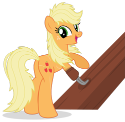 Size: 1035x1016 | Tagged: safe, artist:limedreaming, patreon reward, character:applejack, species:earth pony, species:pony, fanfic:my little pony: the unexpected future, amputee, clothing, female, freckles, hook, mare, messy mane, patreon, prosthetic limb, prosthetics, scar, shoes, simple background, smiling, solo, transparent background, vector, wood