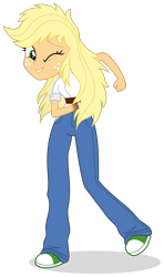 Size: 1351x2284 | Tagged: safe, artist:limedreaming, patreon reward, character:applejack, fanfic:my little pony: the unexpected future, my little pony:equestria girls, amputee, clothing, converse, female, freckles, one eye closed, patreon, shoes, simple background, smiling, sneakers, solo, transparent background, vector, wink