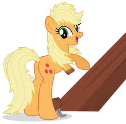 Size: 1035x1016 | Tagged: safe, artist:limedreaming, patreon reward, character:applejack, species:earth pony, species:pony, fanfic:my little pony: the unexpected future, amputee, clothing, female, freckles, mare, patreon, prosthetic limb, prosthetics, scar, shoes, simple background, smiling, solo, transparent background, vector, wood