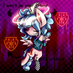 Size: 1861x1861 | Tagged: safe, artist:lixthefork, character:cozy glow, species:pony, clothing, demon, evil, female, halo, punk, socks, solo, wanna be friends?