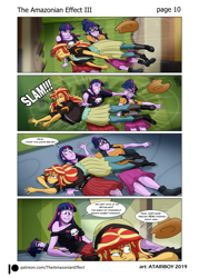 Size: 1697x2367 | Tagged: safe, artist:atariboy2600, artist:bluecarnationstudios, character:sunset shimmer, character:twilight sparkle, character:twilight sparkle (scitwi), species:eqg human, comic:the amazonian effect, comic:the amazonian effect iii, my little pony:equestria girls, comic, explicit series, friendship, knock out, slam