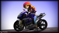 Size: 4208x2367 | Tagged: safe, artist:aryatheeditor, character:sunset shimmer, my little pony:equestria girls, 3d, boots, clothing, dress, fingerless gloves, gloves, grin, high heel boots, jacket, leather jacket, motorcycle, riding, road, shirt, shoes, smiling, source filmmaker, yamaha