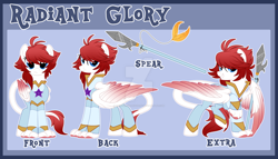 Size: 1600x914 | Tagged: safe, artist:crystal-tranquility, oc, oc:radiant glory, species:hippogriff, deviantart watermark, female, obtrusive watermark, reference sheet, solo, spear, watermark, weapon