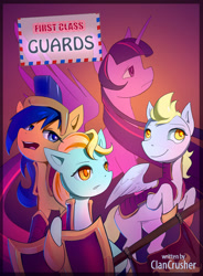 Size: 624x850 | Tagged: safe, artist:oneofyouare, character:derpy hooves, character:flash sentry, character:lightning dust, character:twilight sparkle, species:alicorn, species:pegasus, species:pony, fanfic:first class guards, cover, cover art, fanfic, fanfic art, fanfic cover, female, flare warden, guard, mare, rule 63, story in the source