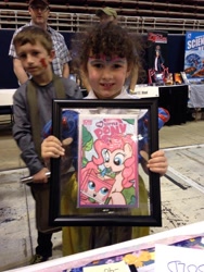 Size: 720x960 | Tagged: safe, artist:ponygoddess, character:pinkie pie, species:human, comic cover, convention, crossover, fanart, irl, irl human, lego, photo, target demographic, the lego movie, unikitty