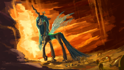 Size: 1920x1080 | Tagged: safe, artist:plainoasis, character:queen chrysalis, species:changeling, cave, changeling queen, female, hourglass, looking back, sand, smiling, solo