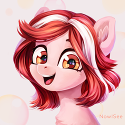 Size: 1500x1500 | Tagged: safe, artist:inowiseei, oc, oc only, oc:cherry blossom, species:earth pony, species:pony, chest fluff, cute, female, happy, looking at you, mare, solo, starry eyes, wingding eyes