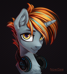 Size: 1362x1500 | Tagged: safe, artist:inowiseei, oc, oc only, oc:thinker, species:pony, species:unicorn, black background, bust, chest fluff, commission, headphones, horn, male, portrait, simple background, solo