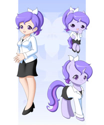 Size: 1000x1200 | Tagged: safe, artist:jdan-s, oc, oc only, oc:doctor violet, species:anthro, species:human, species:plantigrade anthro, species:pony, anthro with ponies, bow, chibi, clothing, cute, high heels, humanized, lab coat, legs, looking at you, moe, ocbetes, original species, ponytail, reference sheet, shoes, skirt, solo, species swap