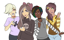 Size: 4753x2960 | Tagged: safe, artist:emberfan11, artist:icey-wicey-1517, edit, oc, oc only, oc:goth mocha, oc:marigold bloom, oc:night rainbow, oc:sketchy fang, species:human, bee, bone, bow, choker, clothing, collaboration, color edit, colored, cross, dark skin, ear piercing, earring, eyebrow piercing, fangs, female, freckles, hair bow, hairpin, heart, hoodie, humanized, humanized oc, jeans, jewelry, joycon, lipstick, multicolored hair, nail polish, nintendo switch, open mouth, pants, pentagram, piercing, rainbow hair, shirt, simple background, skirt, skull, sweater, t-shirt, transparent background, vampire