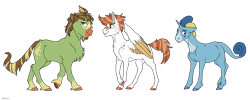 Size: 5000x2000 | Tagged: safe, artist:shimazun, oc, oc only, species:earth pony, species:pegasus, species:pony, species:unicorn, bandaid, bucktooth, chest fluff, colored hooves, crossover, female, grookey, male, mare, pokemon sword and shield, pokémon, ponified, ponymon, realistic horse legs, scorbunny, simple background, sobble, socks (coat marking), stallion, transparent background, trio