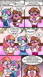 Size: 562x1000 | Tagged: safe, artist:carouselunique, character:princess flurry heart, oc, oc:cinnamon chip, oc:honeycrisp blossom, parent:big macintosh, parent:princess cadance, parent:shining armor, parents:cadmac, parents:shiningcadance, comic:little blossom lost, series:sciset diary, my little pony:equestria girls, clipboard, clothing, comic, equestria girls-ified, female, flower, half-siblings, interdimensional siblings, offspring, older, older flurry heart