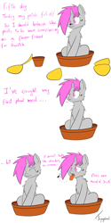 Size: 3000x6000 | Tagged: safe, artist:fajnyziomal, oc, oc only, oc:purple light, species:pony, species:unicorn, comic:świstek, cheek fluff, chest fluff, cute, ear fluff, eating, female, flower pot, fly, insect on nose, mare, petals, semi-grimdark series, shoulder fluff, solo, spitting, suggestive series, text, tongue out