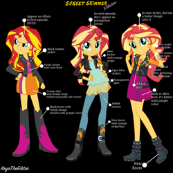 Size: 3120x3120 | Tagged: safe, artist:aryatheeditor, character:sunset shimmer, eqg summertime shorts, g4, my little pony: equestria girls, my little pony:equestria girls, amulet, angry, bacon hair, black background, boots, clothing, comparison, cutie mark, dress, evil, evolution, geode of empathy, grin, happy, high heel boots, jacket, jewelry, leather, leather jacket, magical geodes, pants, pose, shoes, simple background, skirt, smiling, style, sunset