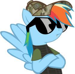 Size: 1045x1040 | Tagged: safe, artist:totallynotabronyfim, character:rainbow dash, species:pony, body armor, camouflage, clothing, crossed hooves, female, hat, solo, sunglasses, toothpick, vest