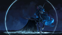 Size: 1920x1080 | Tagged: safe, artist:plainoasis, character:nightmare moon, character:princess luna, species:alicorn, species:pony, clothing, dress, ethereal mane, female, galaxy mane, hoof shoes, mare, night, raised hoof, smiling, solo