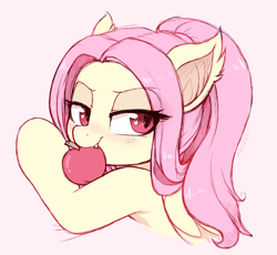 Size: 2651x2438 | Tagged: safe, artist:moozua, character:flutterbat, character:fluttershy, species:bat pony, species:pony, alternate hairstyle, apple, bat ponified, bedroom eyes, cute, eye clipping through hair, fangs, female, food, heart eyes, mare, mouth hold, race swap, shyabates, shyabetes, solo, wingding eyes