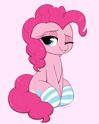 Size: 2860x3579 | Tagged: safe, artist:moozua, character:pinkie pie, species:earth pony, species:pony, blep, chubby, clothing, cute, diapinkes, female, floppy ears, mare, one eye closed, pink background, silly, simple background, sitting, smiling, socks, solo, striped socks, tongue out, wink