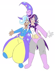 Size: 1854x2416 | Tagged: safe, artist:catstuxedo, character:starlight glimmer, character:trixie, species:human, boots, bow tie, cape, clothing, dark skin, hat, horned humanization, humanized, leotard, magician outfit, misleading thumbnail, pantyhose, shoes, top hat, trixie's cape, trixie's hat