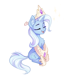Size: 1500x1500 | Tagged: safe, artist:inowiseei, character:trixie, species:pony, species:unicorn, g4, chest fluff, clothing, crown, cute, cutie mark, diatrixes, ear fluff, eyebrows, eyes closed, female, happy, hoof shoes, jewelry, mare, necklace, open mouth, peytral, regalia, shoes, signature, simple background, sitting, solo, sparkles, this will end in tears and/or a journey to the moon, three quarter view, white background