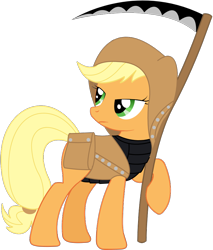 Size: 830x972 | Tagged: safe, artist:totallynotabronyfim, character:applejack, species:pony, armor, female, hood, magical girl, magical girl outfit, saddle bag, scythe, simple background, solo, transparent background