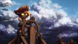 Size: 2090x1176 | Tagged: safe, artist:inowiseei, oc, oc only, species:changeling, brown changeling, clothing, cloud, hat, ship wheel, solo